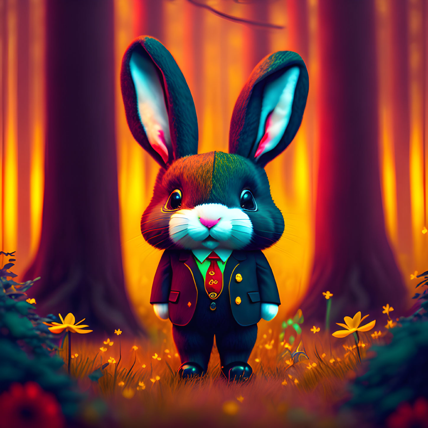 Anthropomorphic rabbit in suit in colorful forest with flowers