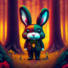 Anthropomorphic rabbit in suit in colorful forest with flowers