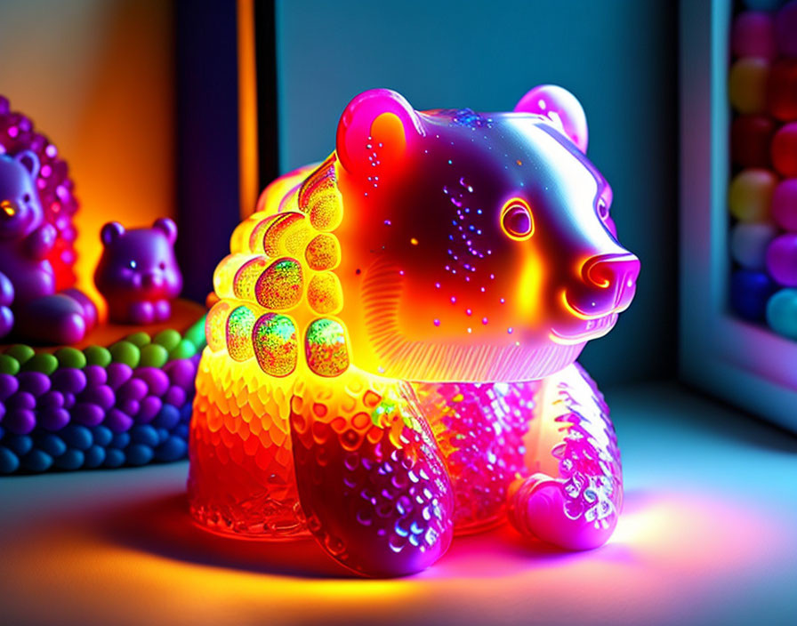 Neon-lit bear-shaped lamp with rainbow glow in colorful room