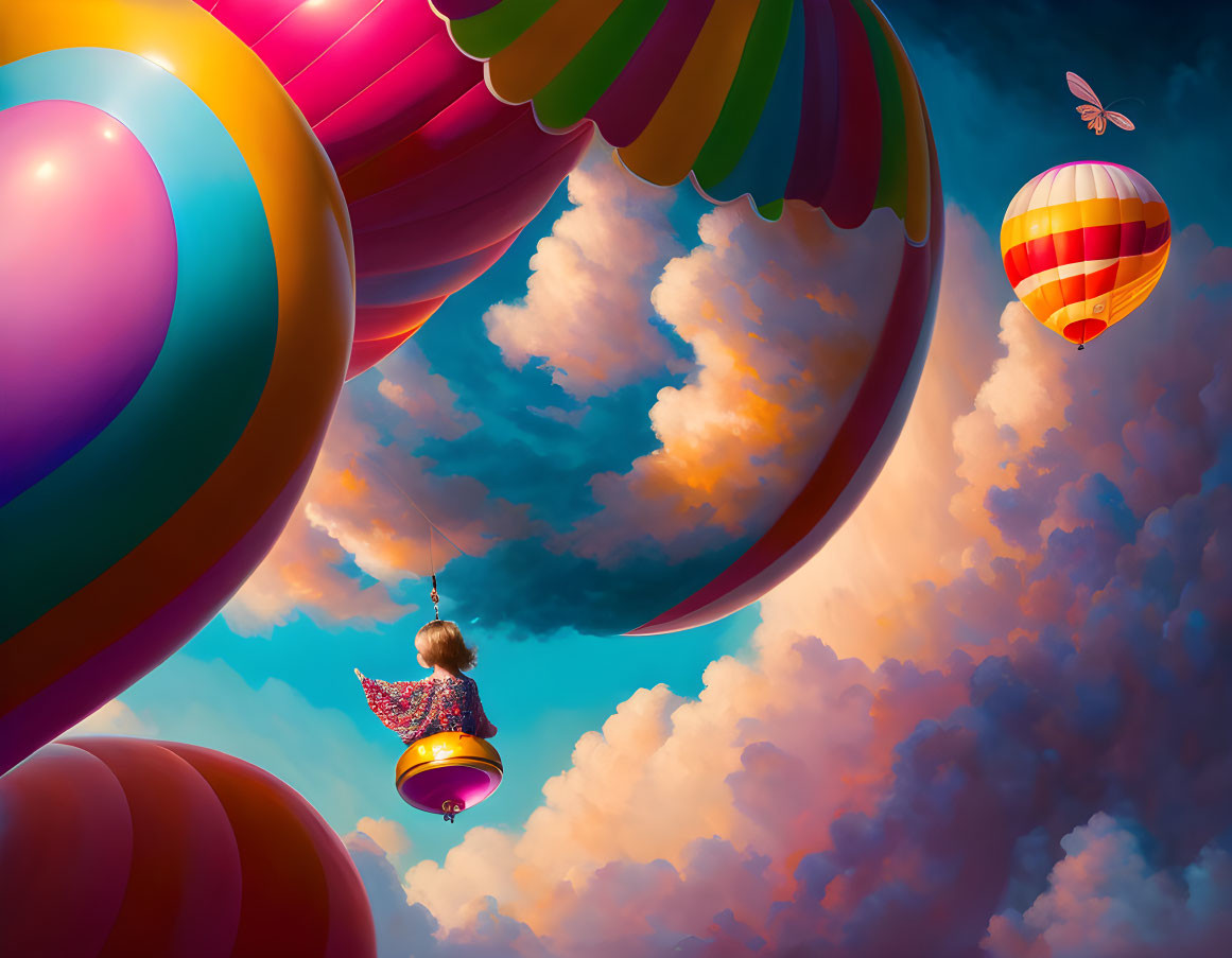 Colorful hot air balloon swing illustration with fluffy clouds and clear sky