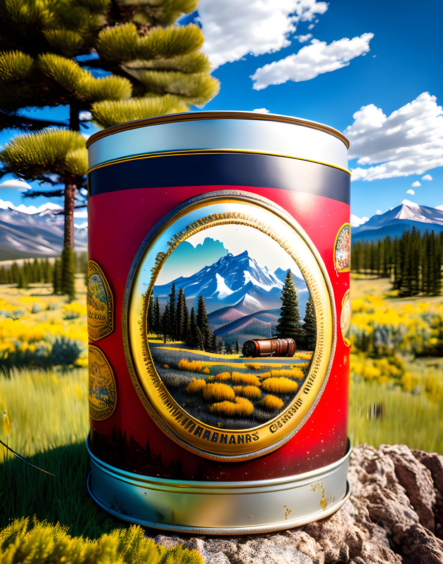 Vibrant nature scene on decorative tin can with golden accents