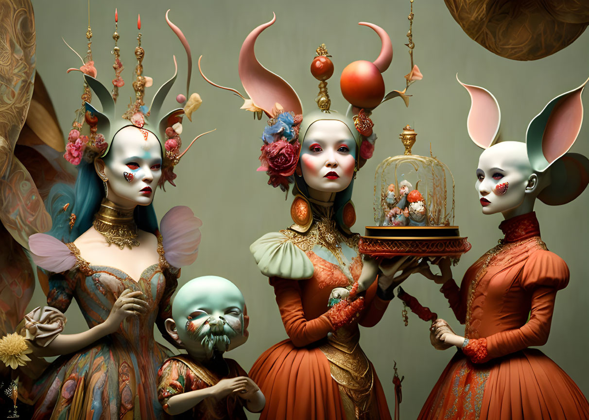 Four fantastical characters in ornate costumes and headpieces holding a birdcage against a muted backdrop