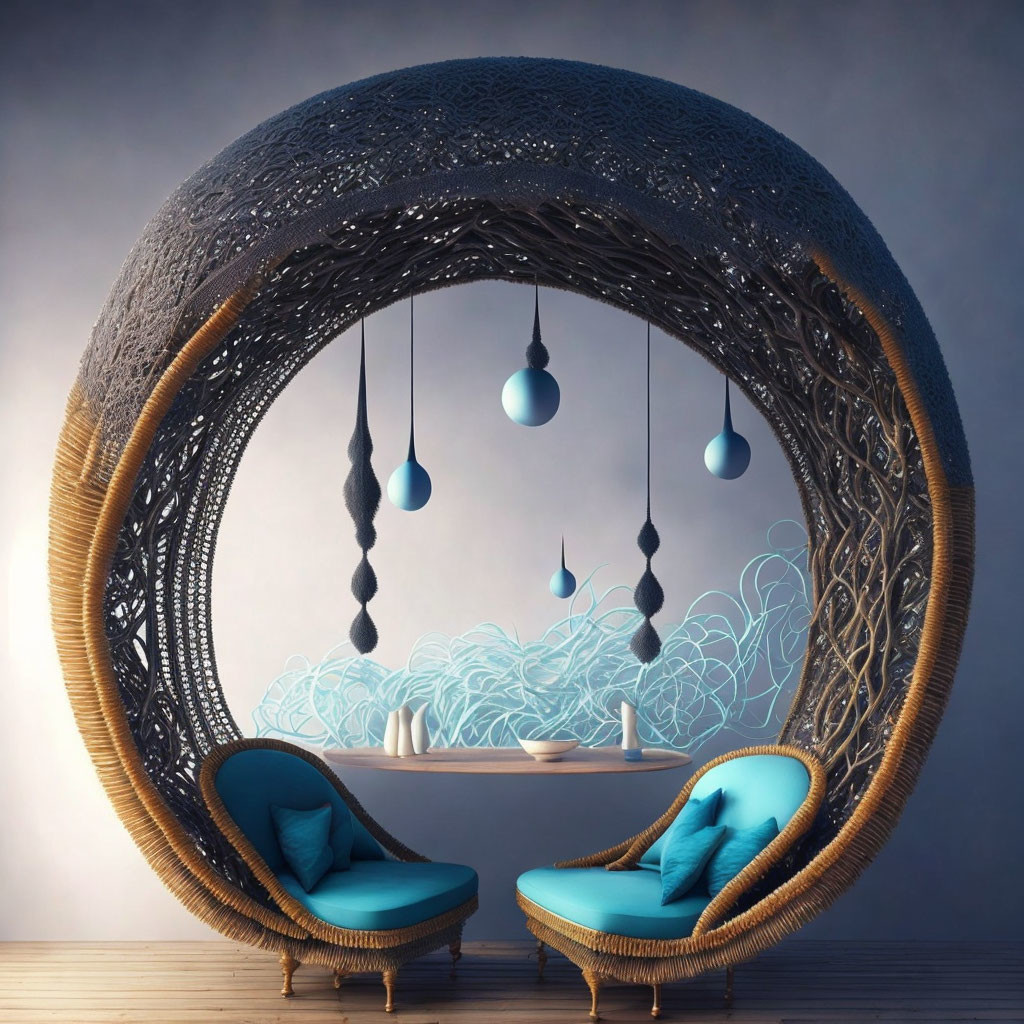 Surreal room with oversized frame, peacock blue armchairs, pendant lights, and abstract