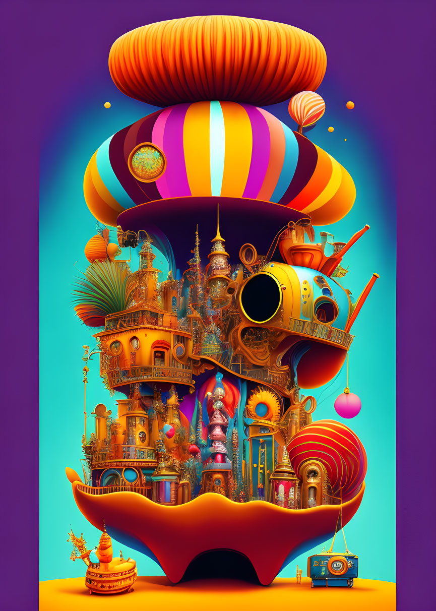 Colorful digital artwork: Whimsical Eastern-inspired structure with balloons, submarine, and orbs on purple