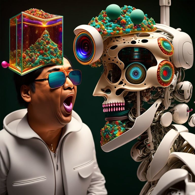 Person in sunglasses gazes at robot with colorful mechanical skull