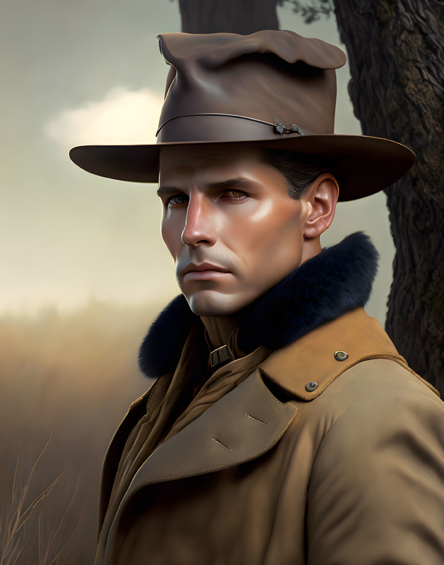 Digital portrait of stern man in wide-brimmed hat and trench coat by tree