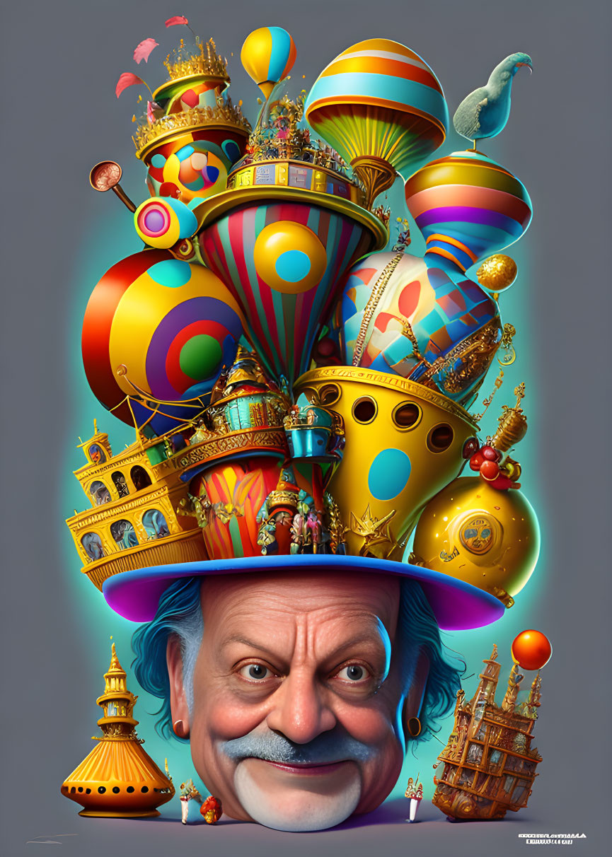 Colorful Illustration of Man with Surreal Building-Shaped Hat