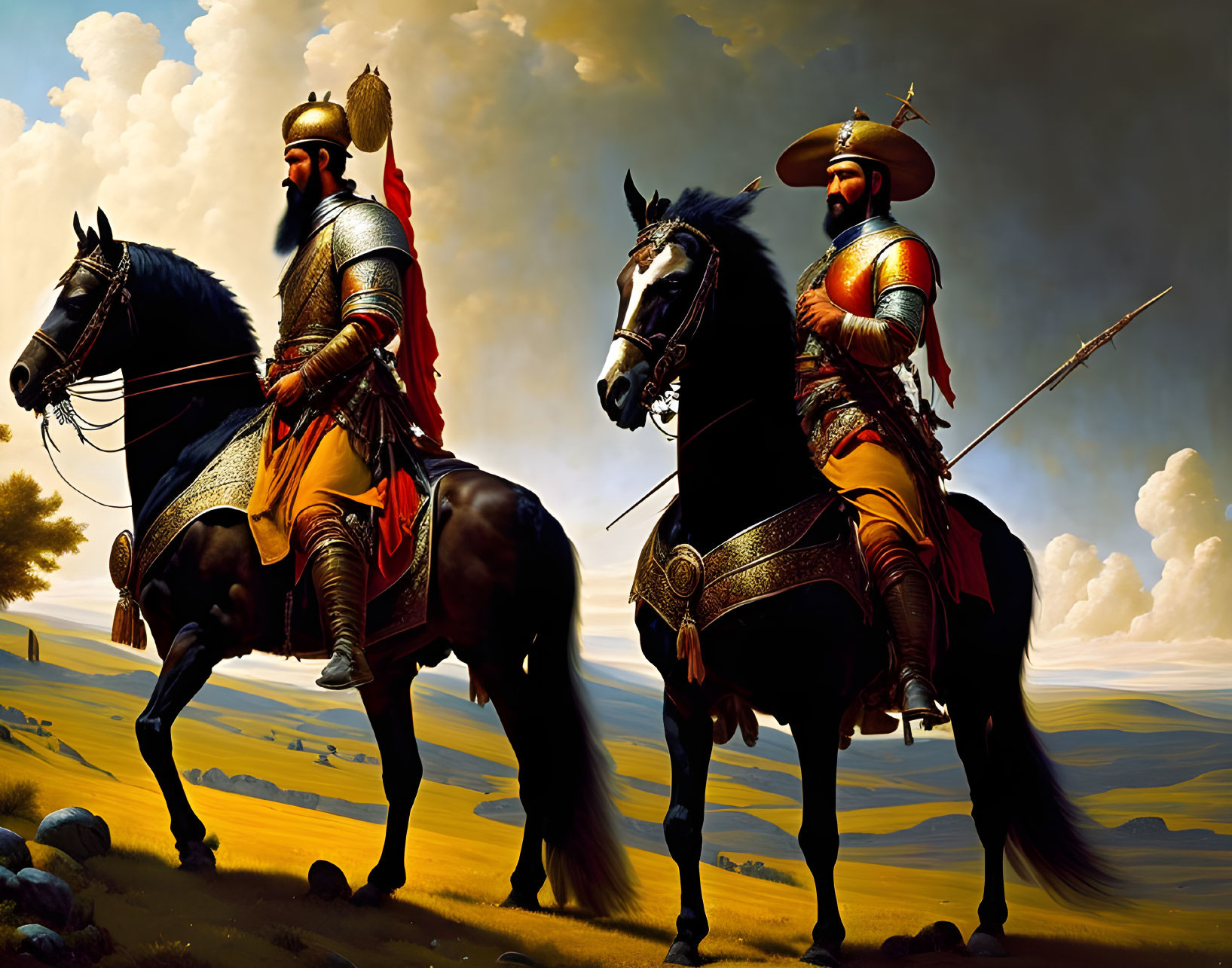 Armored medieval warriors on horseback under dramatic sky