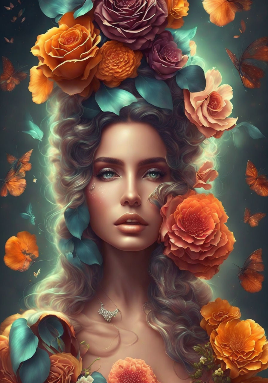 Surreal portrait of woman with blue wavy hair and roses, surrounded by orange butterflies