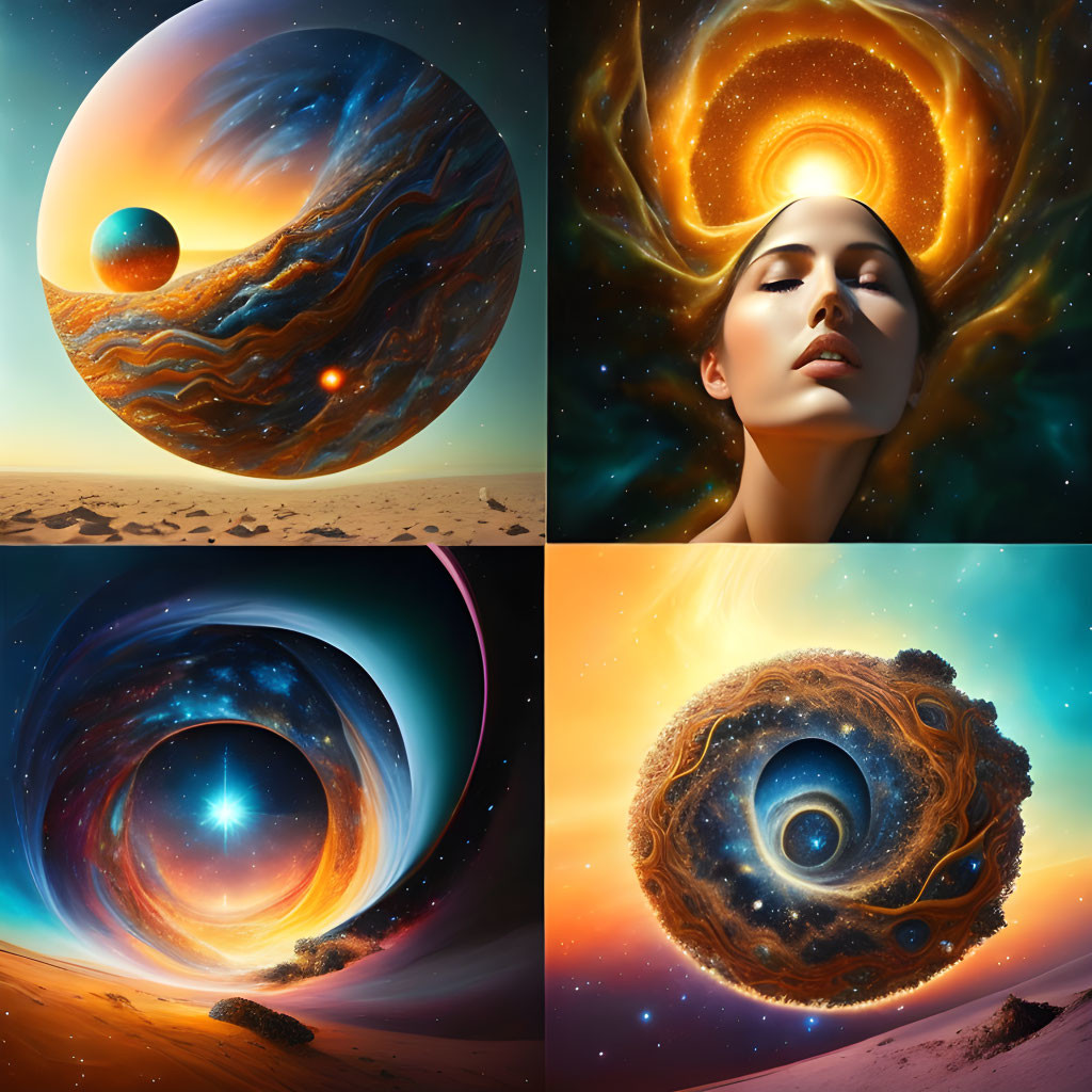 Surreal illustrations: cosmic landscapes with female figure