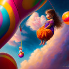 Colorful hot air balloon swing illustration with fluffy clouds and clear sky