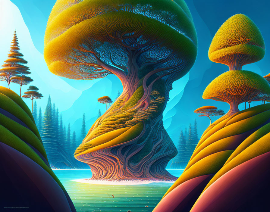 Surreal digital artwork of oversized mushroom trees in a fantastical landscape