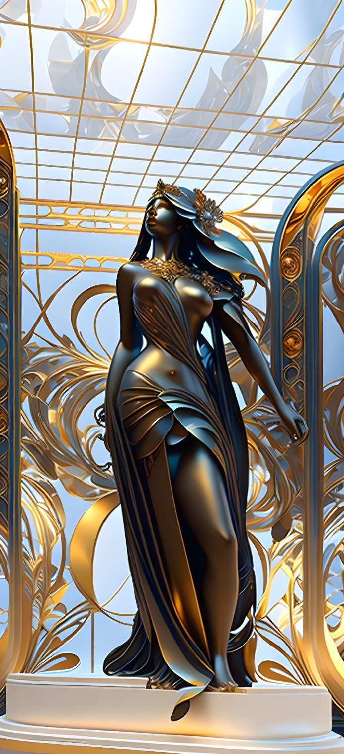 Stylized black statue of woman with golden accents on art nouveau backdrop