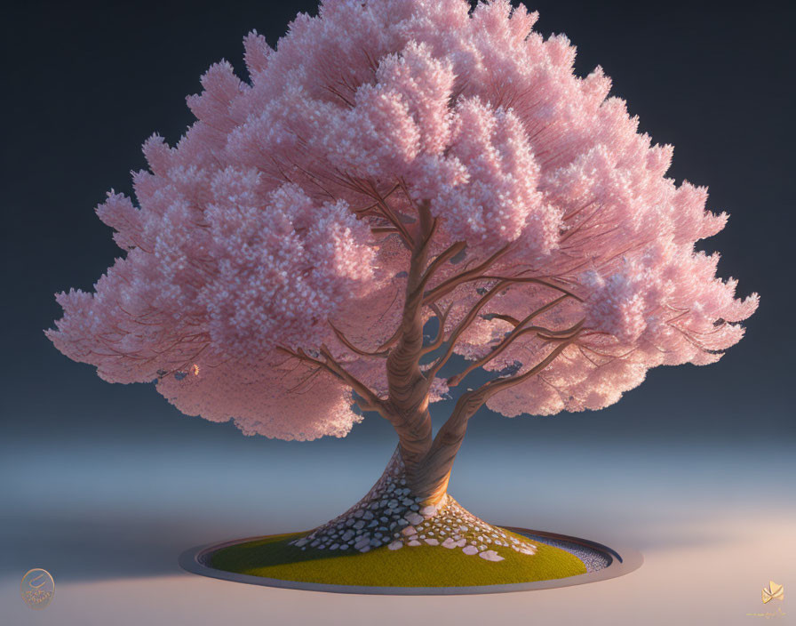 Vibrant pink blossoming tree on isolated grass patch