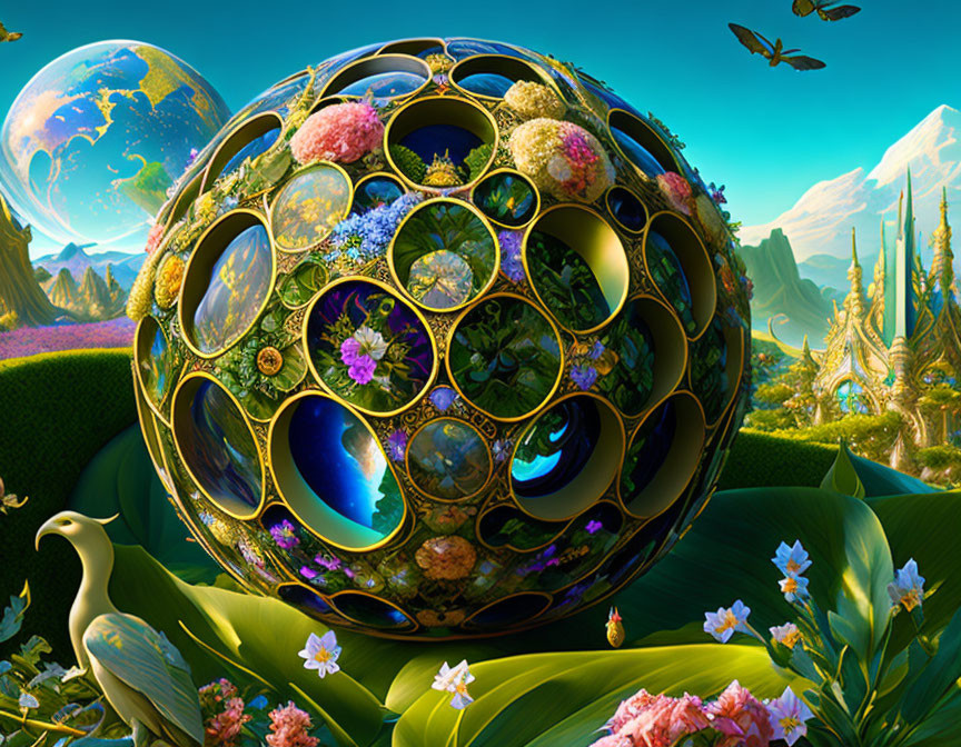 Colorful digital artwork: Large ornate sphere with floral and gem-like details in fantastical landscape.