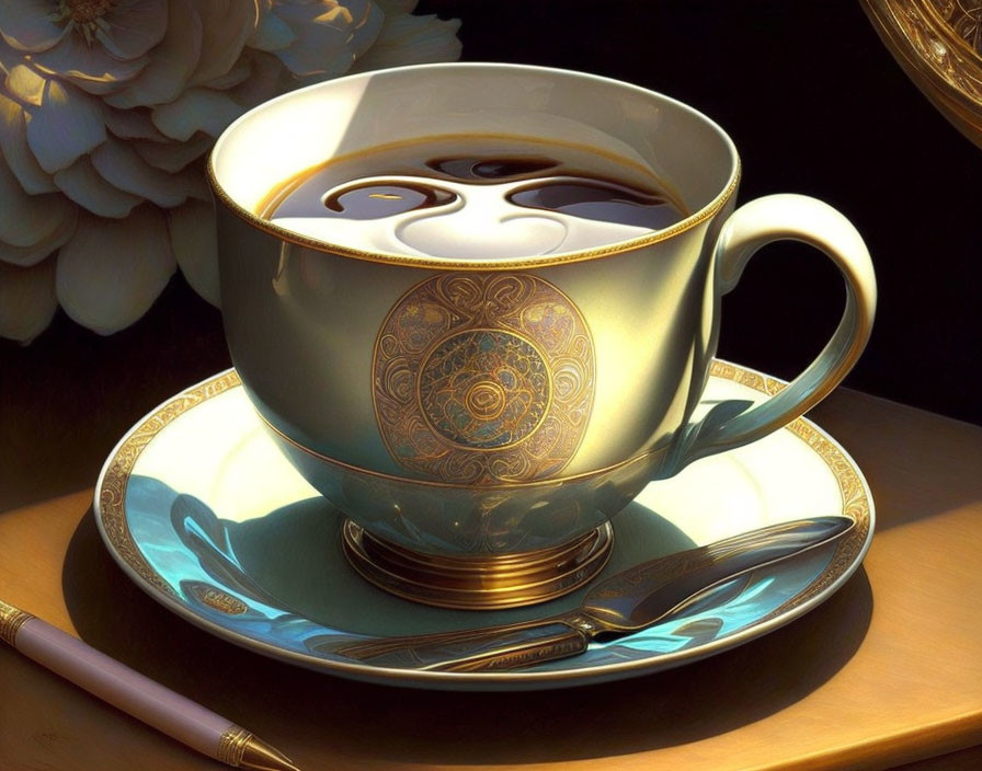 Golden ornate cup with coffee, saucer, and spoon on dark background with white flowers