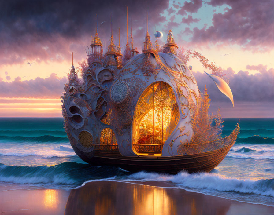 Fantastical, ornate ship sailing on vibrant ocean at sunset