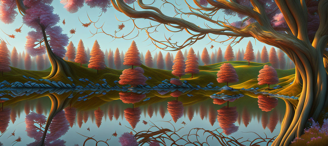 Fantastical landscape with vibrant trees and pink-leaved conifers by tranquil river