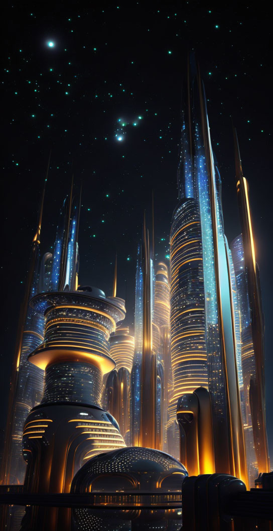 Futuristic Night Cityscape: Tall Skyscrapers, Starry Sky