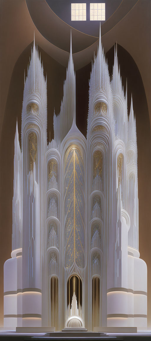 Futuristic cathedral interior with white spires and golden details