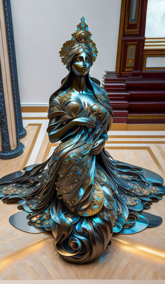 Luxurious metallic statue of a woman in flowing robes with blue and gold designs and a crown in op