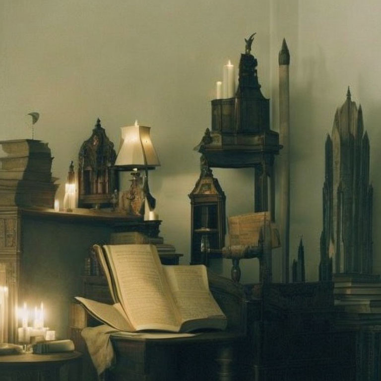 Dimly lit room with open book, candles, Gothic architecture models, antique lamp