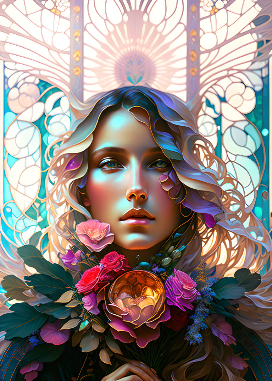 Stylized digital portrait of woman with floral necklace on vibrant geometric background