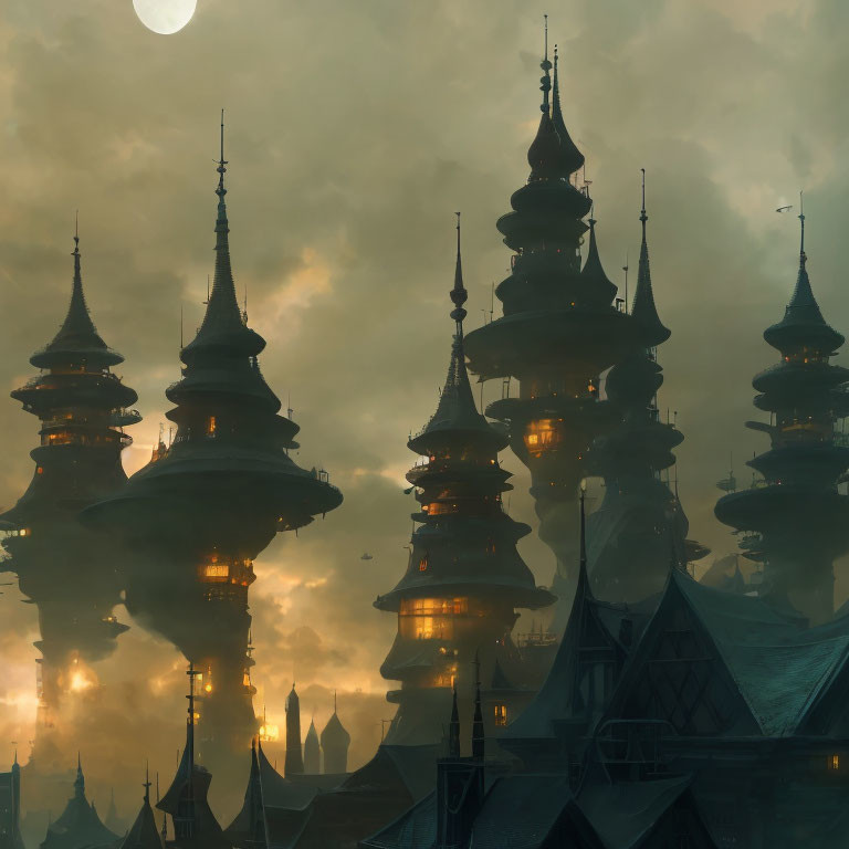 Mystical cityscape with towering spires and pagoda-like structures at twilight