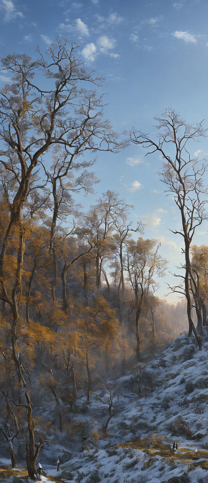 Winter forest scene with figures under sunlight