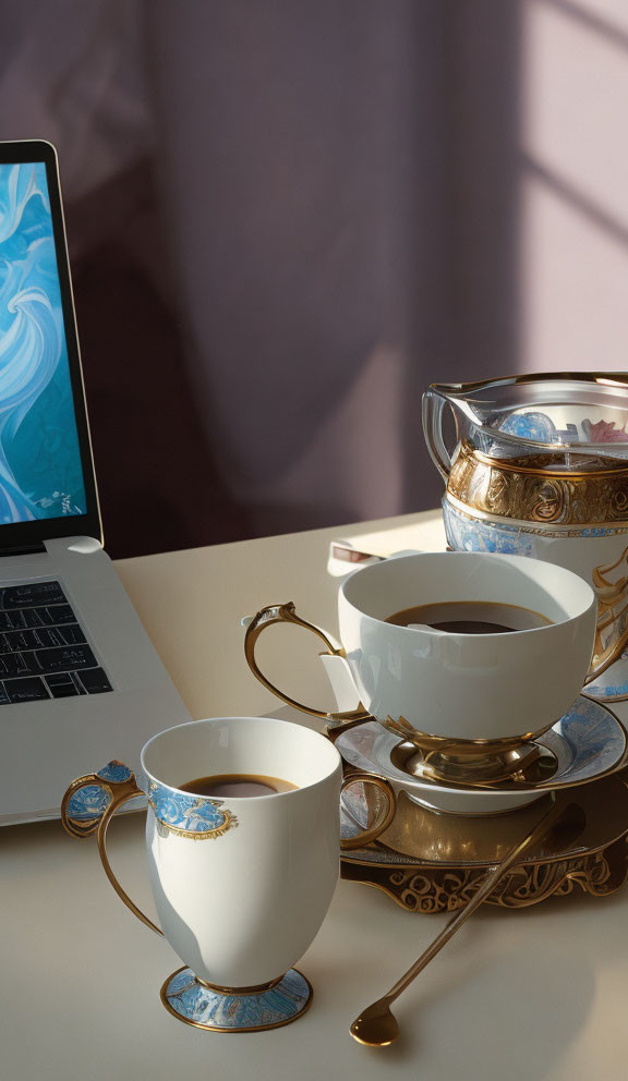 Desk setup with laptop and elegant tea set in warm sunlight