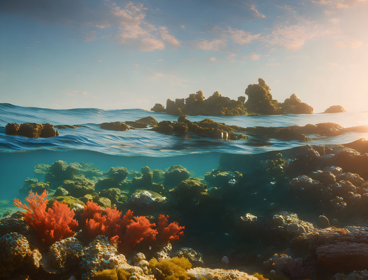 Vibrant coral reefs in sunny underwater seascape