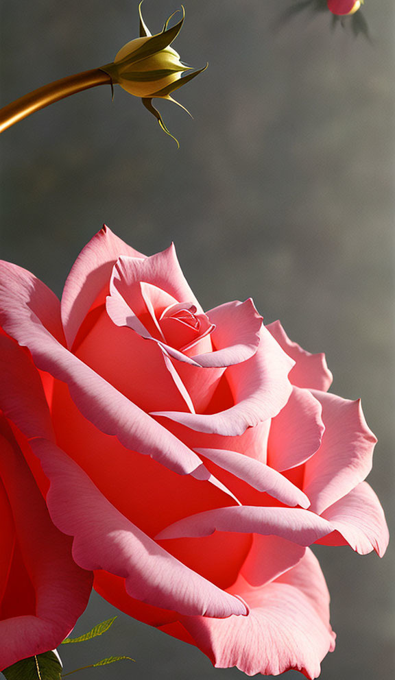 Detailed Close-Up of Vibrant Red Rose with Soft Sunlight and Unopened Bud