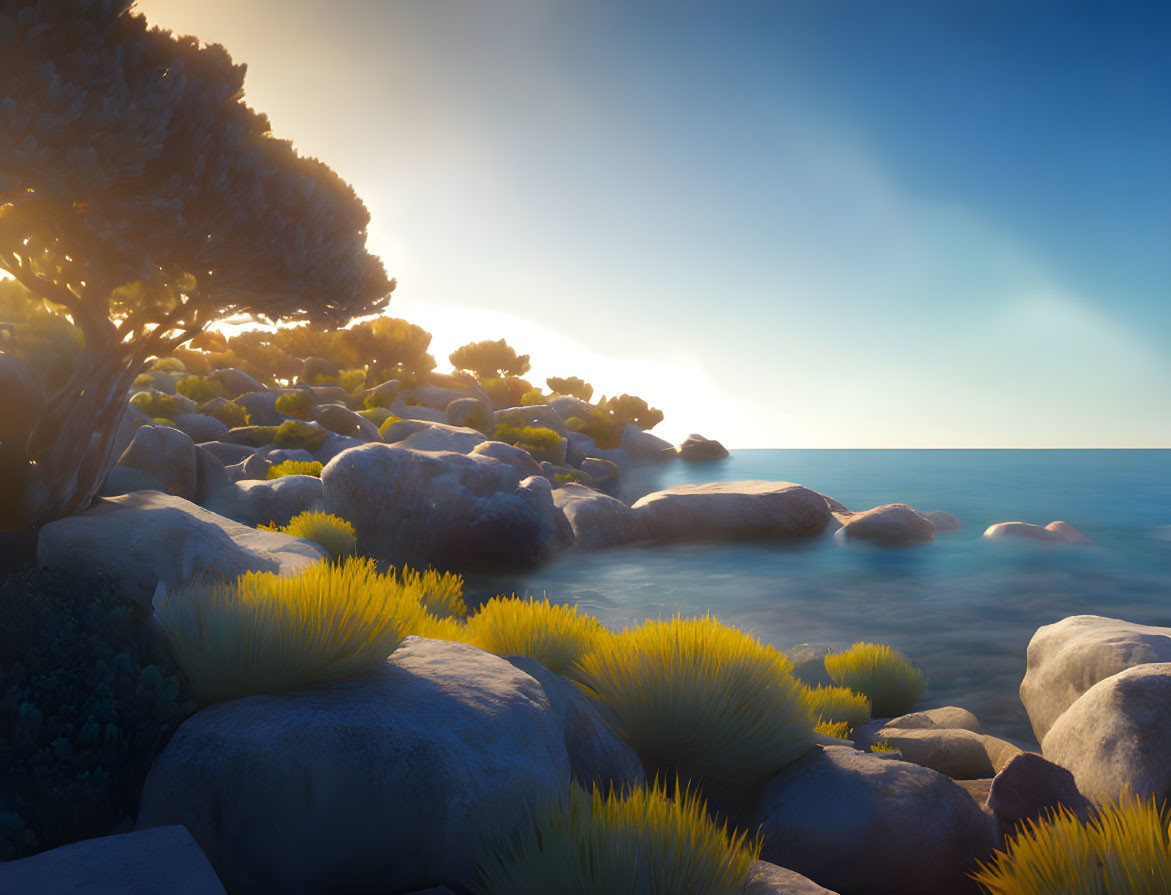 Tranquil sunrise coastline with illuminated rocks, trees, and yellow shrubs by the sea