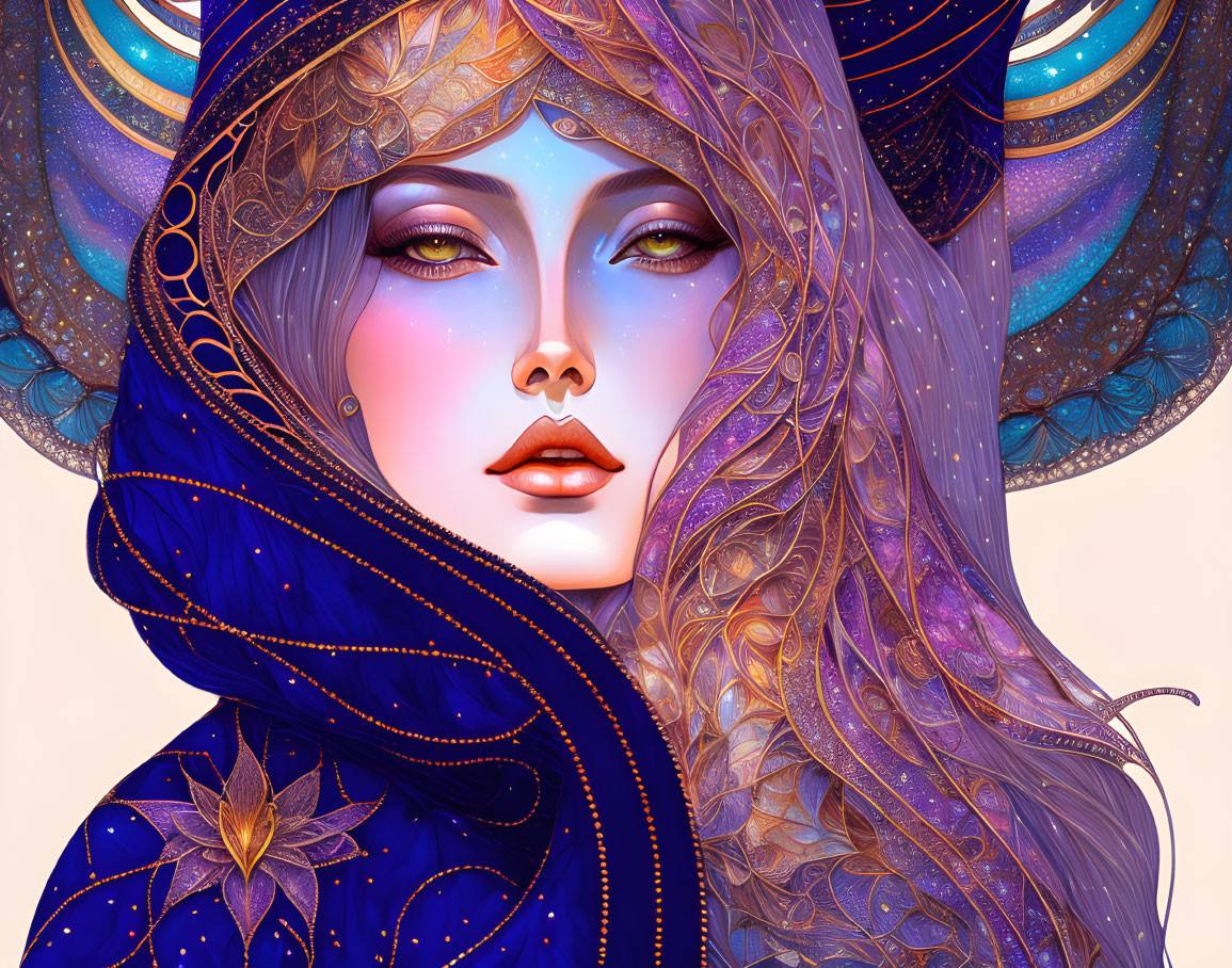 Colorful Fantasy Artwork: Woman in Elaborate Headgear and Cloak