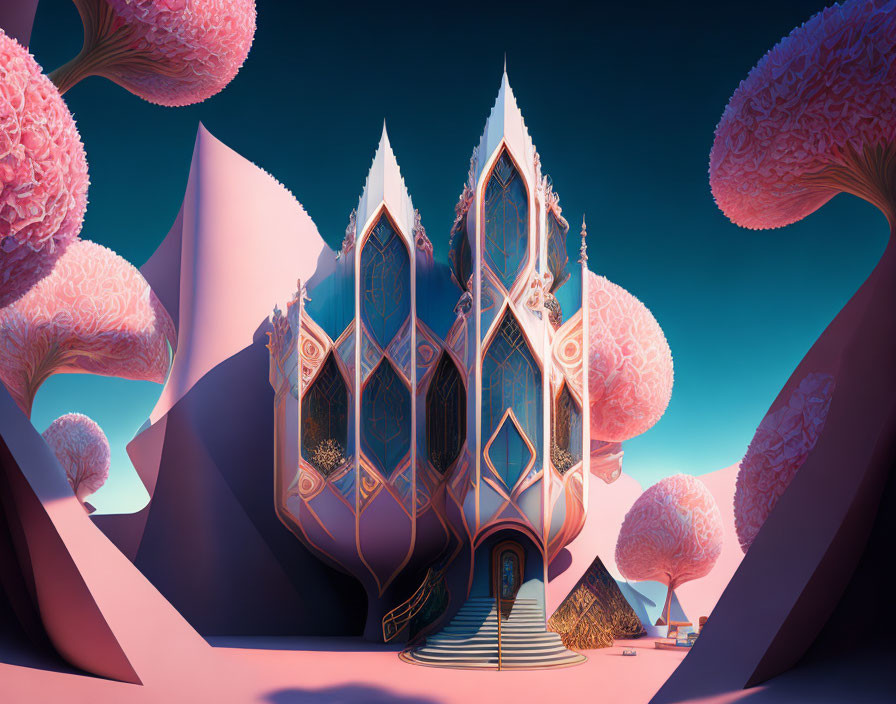 Surreal architecture with Gothic windows in pink landscapes and whimsical trees.