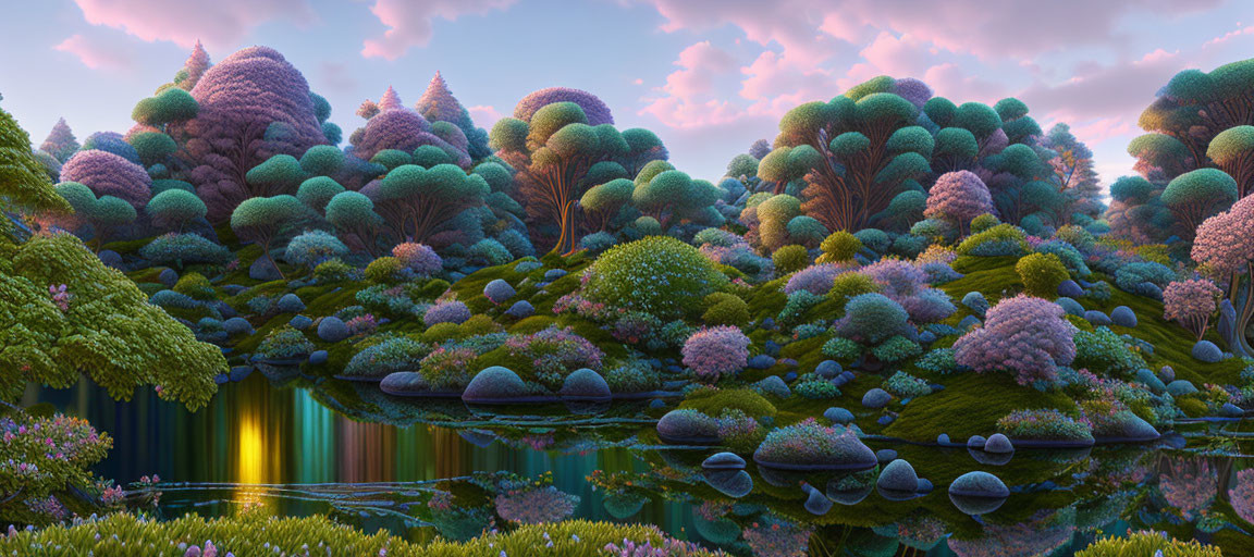 Fantastical landscape with spherical trees reflecting in serene lake