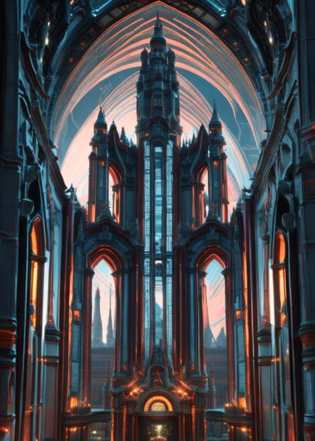 Futuristic cathedral with vibrant blue and red Gothic arches