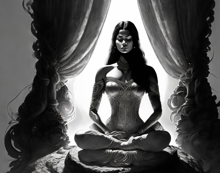 Serene woman meditating in grayscale attire with elegant curtains and luminous backdrop