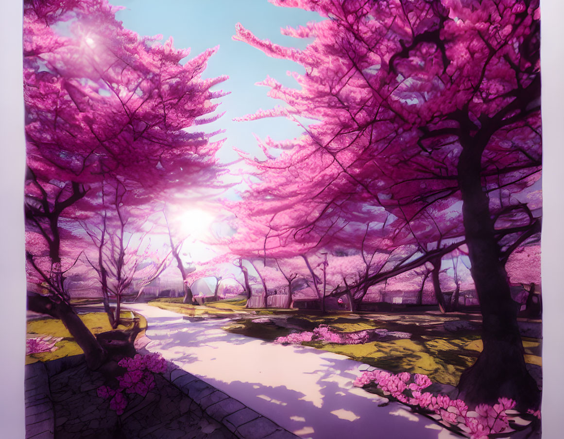 Sunlit park path framed by vibrant pink cherry blossoms and golden sunlight filtering through foliage