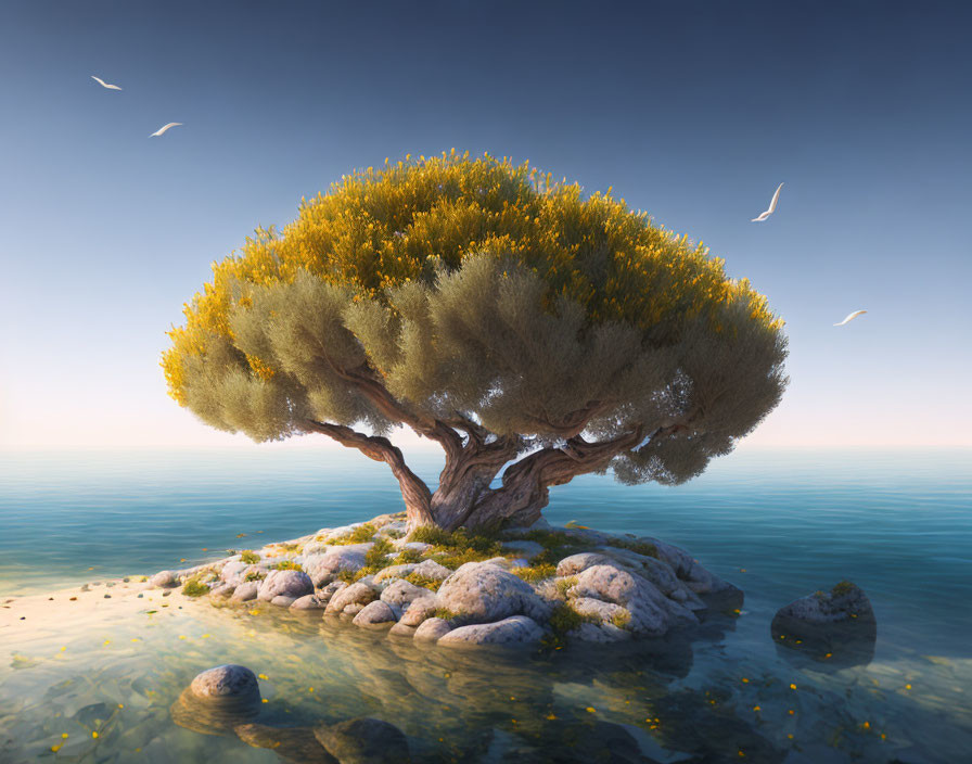 Lush tree on rocky island in calm ocean with seabirds