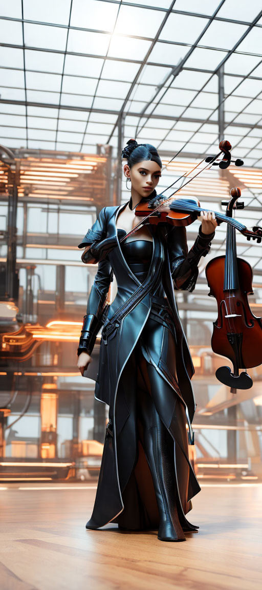 Futuristic violinist in black outfit performs in modern glass hall