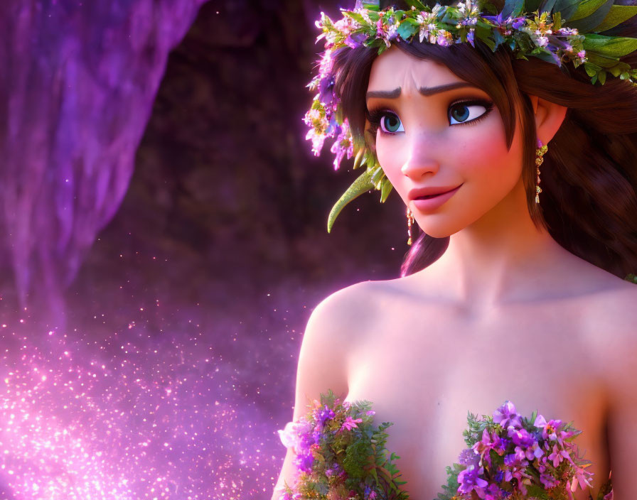 Floral Crown 3D Character in Awe on Purple Background