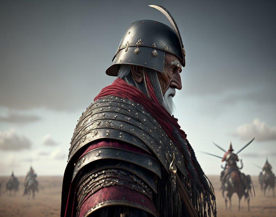 Elderly warrior in ancient armor with helmet, horseback riders in background under cloudy sky