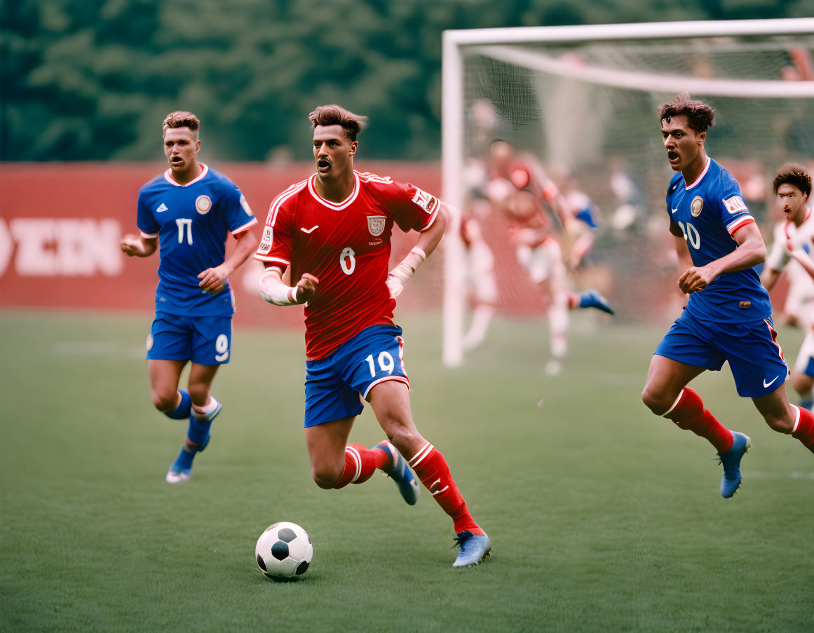Soccer players in red and blue during match action