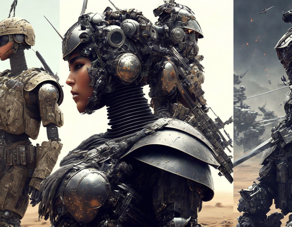 Futuristic female warrior in advanced armor on war-torn terrain