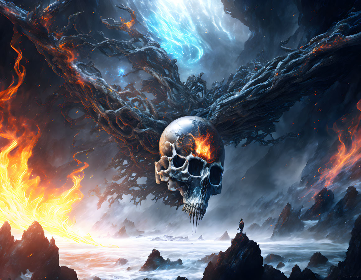 Surreal artwork featuring person and giant skull in cosmic setting