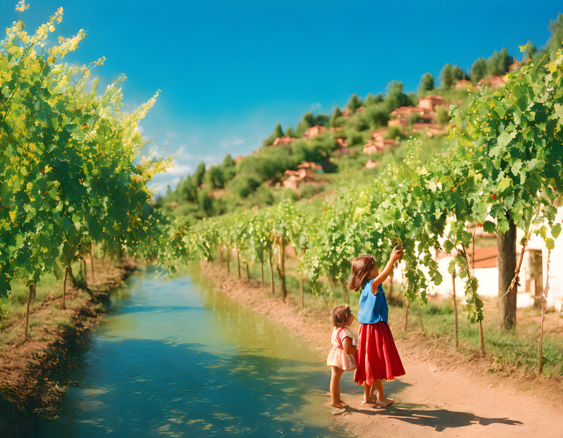 Children exploring sunny vineyard by stream with quaint hillside houses