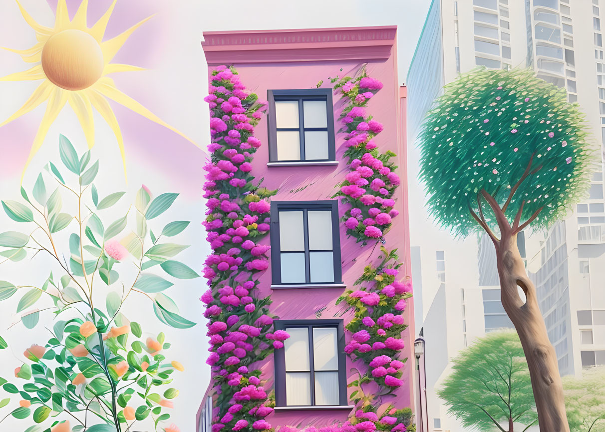 Colorful Pink Building with Purple Flowers and Green Foliage