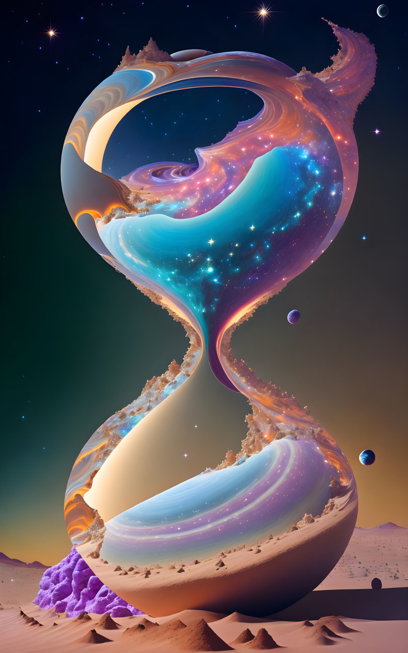 Hourglass with cosmic elements in starry desert landscape