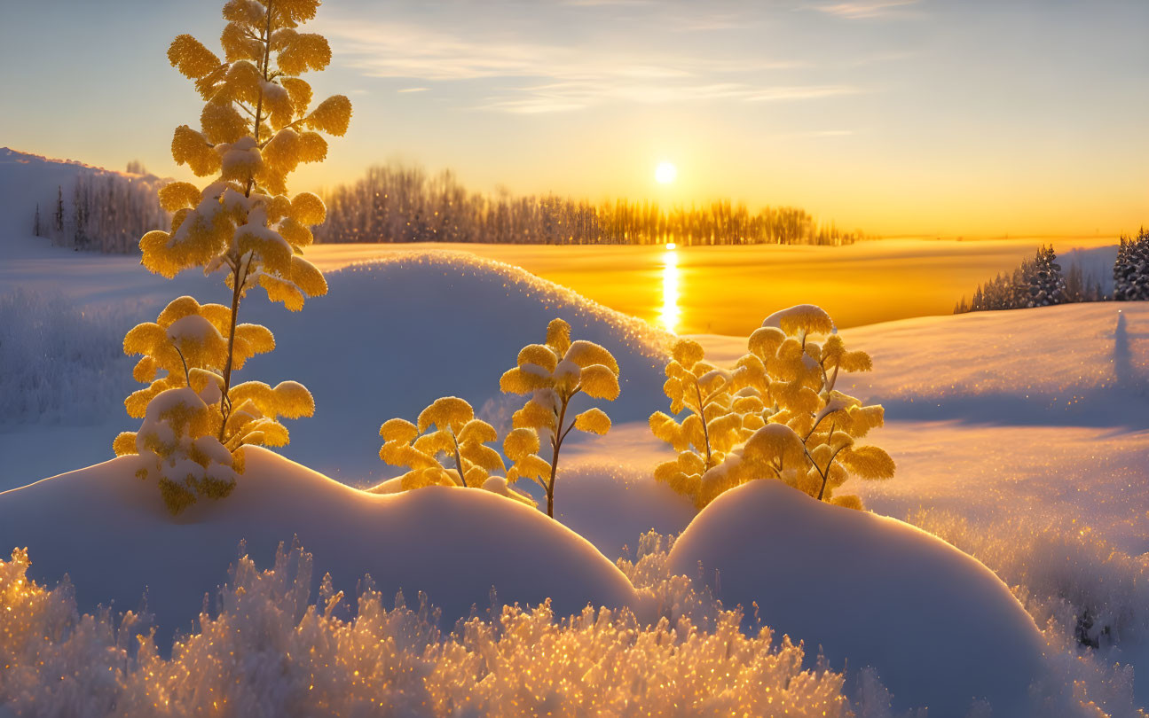 Snow-covered Landscape at Sunrise with Golden Horizon Glow